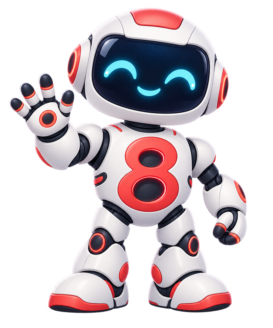 M8, a smiling robot companion with an eight on its chest